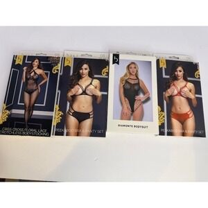 Baci Lingerie Bundle 4pc Bodystocking Diamonte Bodysuit Peekaboo Bra Panty OS